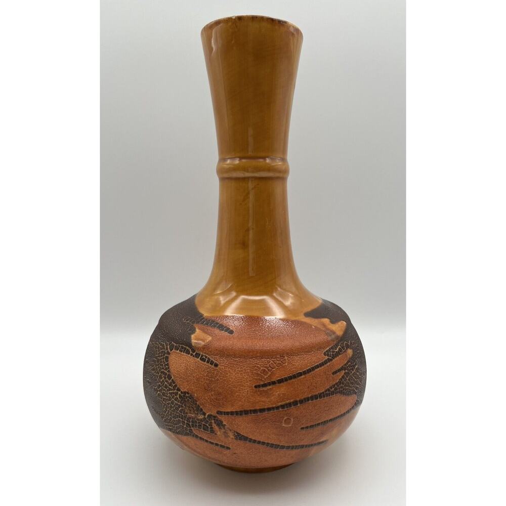 Vintage Royal Haeger Yellow Glaze w Orange & Brown Textured Earth Wrap 11” Vase